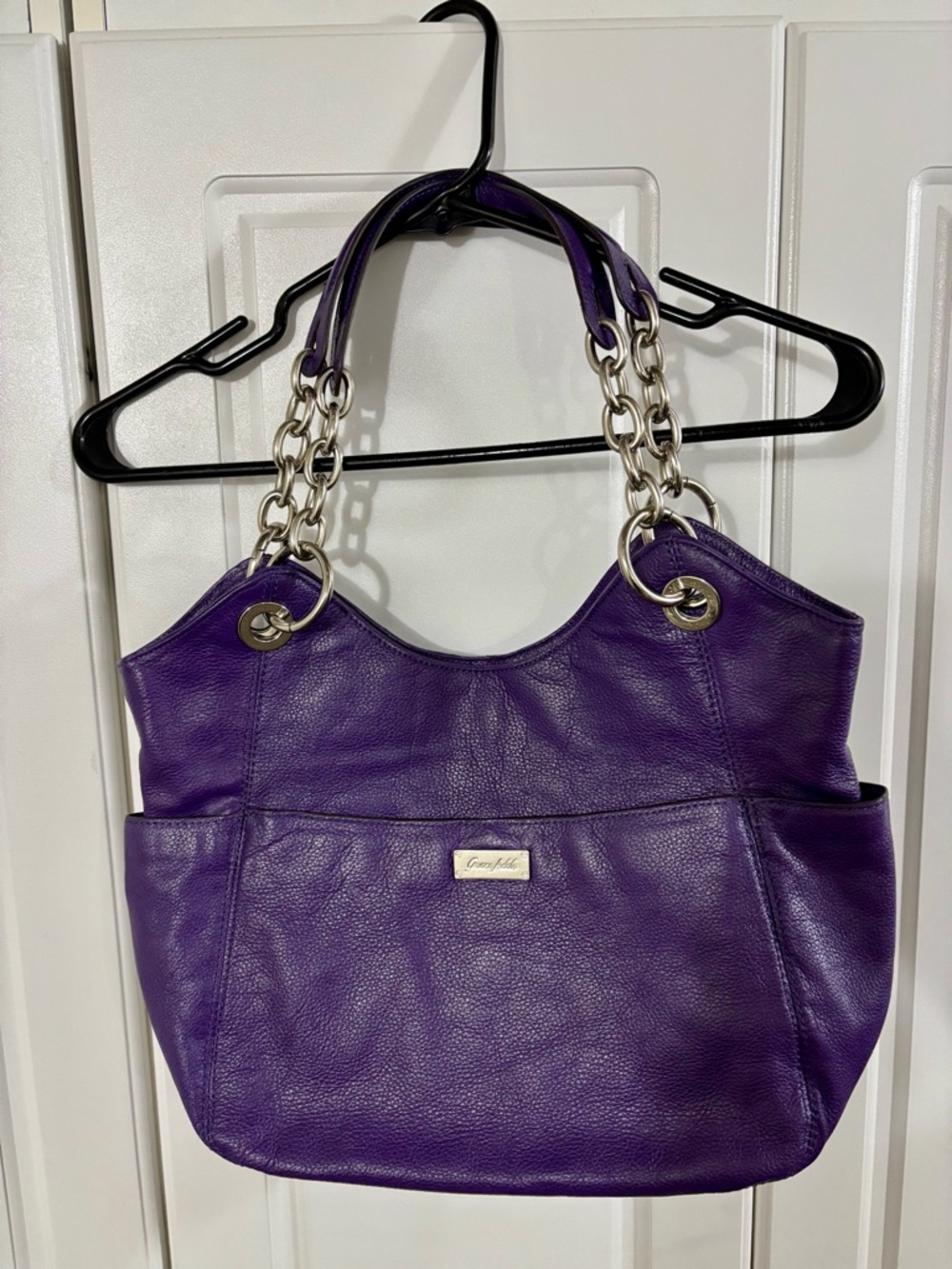 Grace Adele Purple Faux Leather Handbag with Decorative Silver Chain Handles